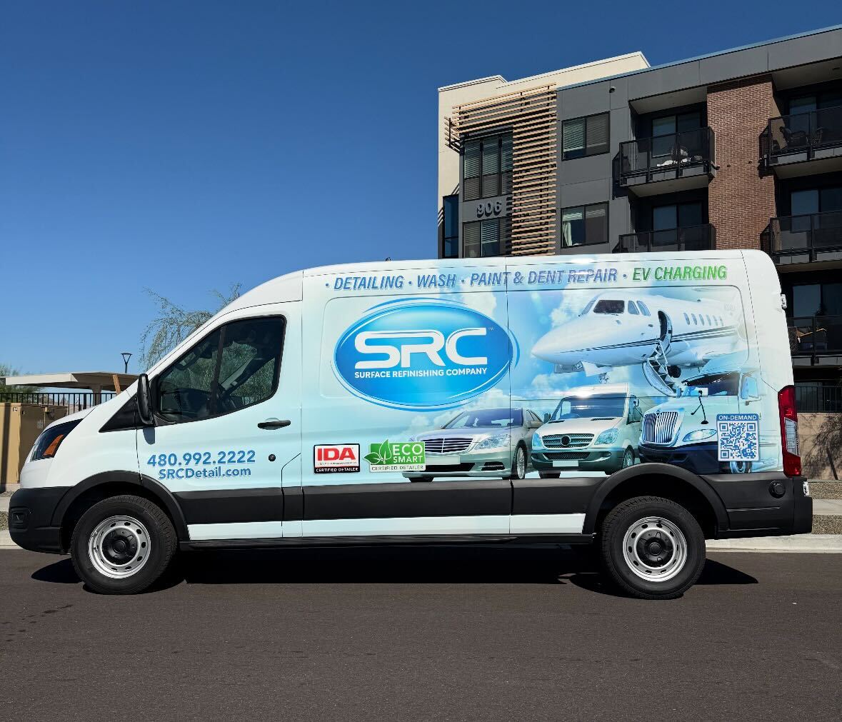 SRC professional service van showcasing automotive wash and detail services